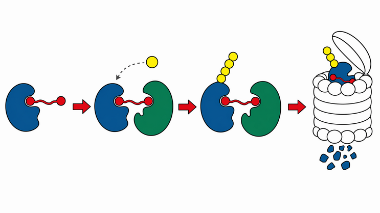 Schematic illustration of the PROTAC mechanism of action: a bifunctional molecule (red) binds a target protein (blue) and recruits an E3 ligase (green), leading to ubiquitination (yellow) and subsequent proteasomal degradation of the target protein.

